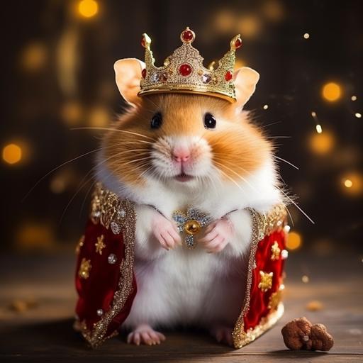 funny hamster with big ears and eyes wearing a royal robe and crown --style raw