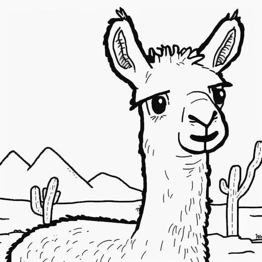 funny llama cartoon, coloring page, bold line