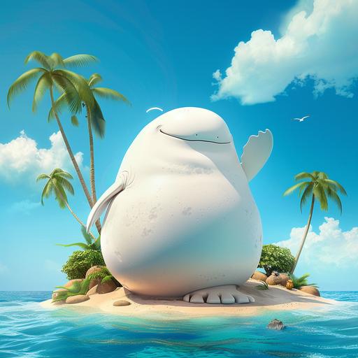 funny looking cartoon, animated, fat whale humanoid, with a chubby body, standing on a tropical island,