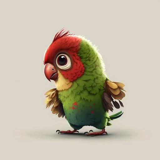 funny looking lovebird cartoon character, green and red feathers, dwarf parrot, high quality