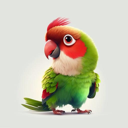 funny looking lovebird cartoon character, green and red feathers, dwarf parrot, high quality