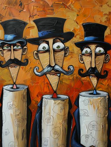 funny modern painting of 3 toilet paper rolls, cartoon style, ganster dressed --ar 3:4 --v 6.0