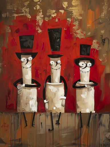funny modern painting of 3 toilet paper rolls, cartoon style, ganster dressed --ar 3:4