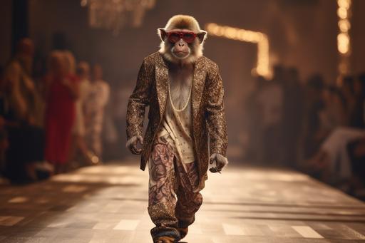 funny monkey in human clothing, doing ramp walk in fashion show, --ar 3:2