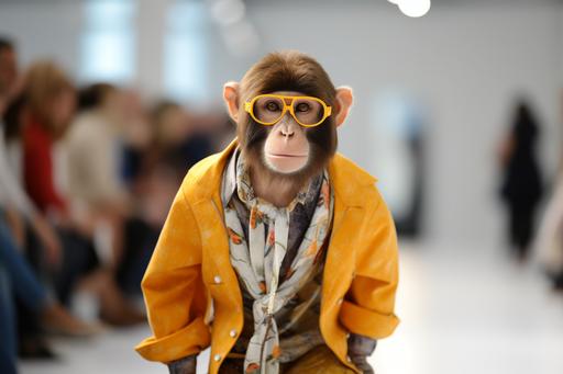 funny monkey in human clothing, doing ramp walk in fashion show, --ar 3:2