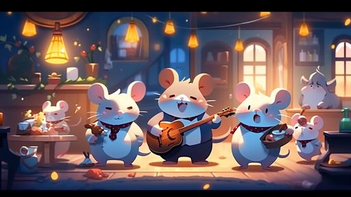 funny mouse family dancing and singing blues --ar 16:9 --niji 5 --style scenic --q 2