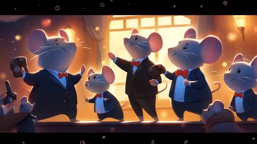 funny mouse family dancing and singing blues --ar 16:9 --niji 5 --style scenic --q 2