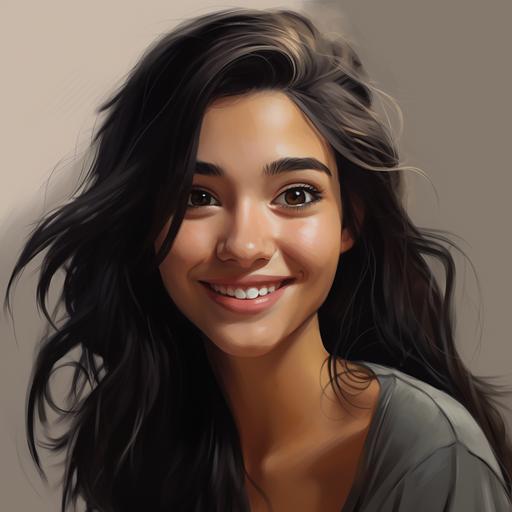 funny profile picture of a girl with black straight hair brown eyes and long nose with a smile