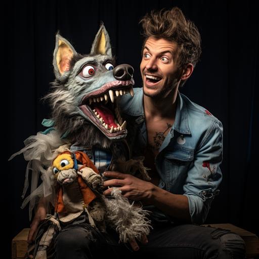 funny puppeteer with wolf puppet