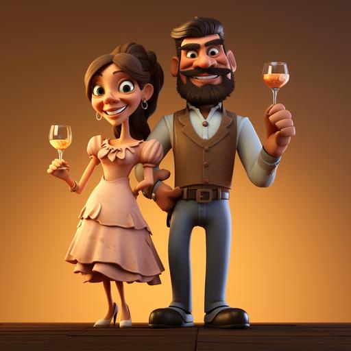 funny rural bartenders, a man and a woman, brown background, as cartoon characters, full figure scene, 3d cartoon