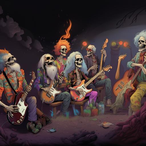 funny skeleton laughing at rock concert , lot of other colorful skeletons, long grey hair smoking cigaro