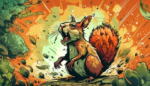 funny squirrel comic style, happy about his hezelnut salad, comic exploding colorefull painting --ar 7:4 --v 5 --s 750