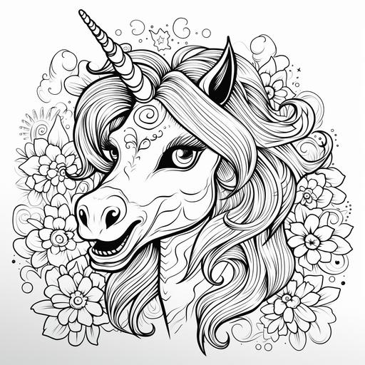 funny unicorn head with open mouth and big funny teeth with uneven lips, crazy eyes, black outline for childrens colouring book, more suble teeth and more subtle and cute head and add some butterflies to the background