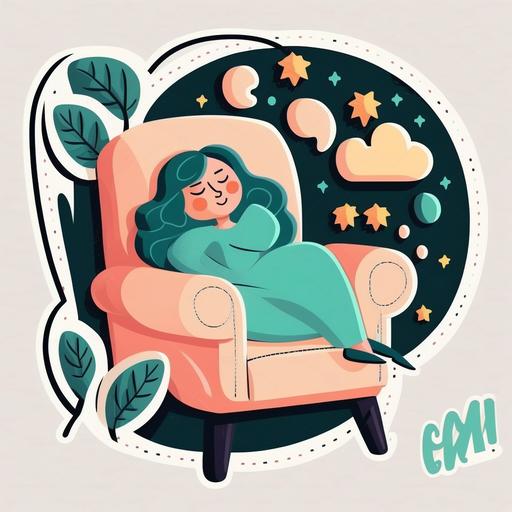 funny woman sleeping in an armchair, Vector illustration, simple, pastel, modern, Telegram sticker style, happy, no background