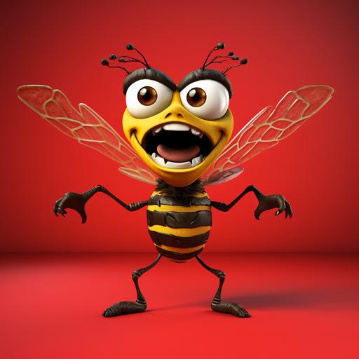 furious funny cartoon wasp on steroids against Red background