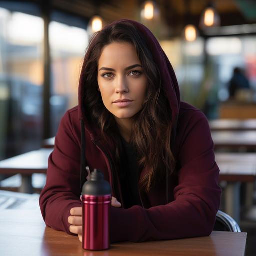 furious staring woman, wearing a burgundy hoodie, holding a large black sports water bottle, sitting in a brightly lit outdoor restaurant