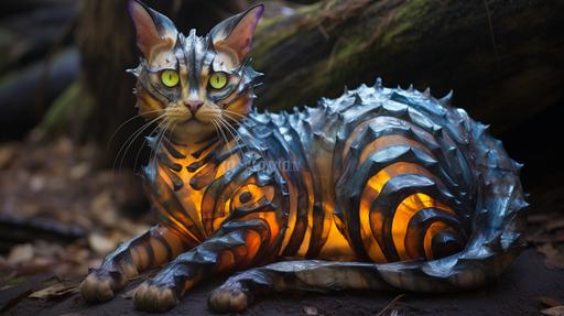 furry cat insect creature furry carapace many furry legs scorpion tail Spider cat centaur mash up:: shale texture patterns, she's smeared in mercury, mixed in opalescnt fluid, curving patterns of glowing translucent growth:: --ar 16:9 --c 9