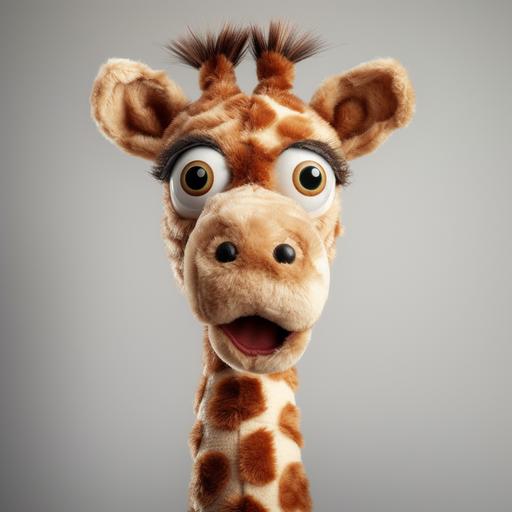 furry toy giraffe showing terrified face. realistic photograph, extremely high detail. neutral light background --v 5.0