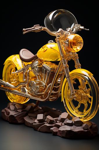 fusion of a caduceus chopper motorcycle and Smeagol amongst the shiny yellow rocks that have reflective surfaces, --chaos 25 --ar 2:3 --stylize 250 --weird 10 --v 5.2