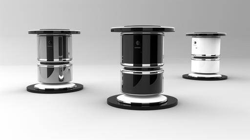 future device conceptual base. stand, cylinder shaped made from meta materials, design of the year, black, white, with metal accents --ar 16:9 --s 50