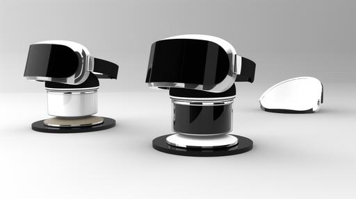 future slim profiled vr headset conecpt, conceptual base. stand, cylinder shaped made from meta materials, design of the year, black, white, with metal accents --s 50 --ar 16:9 --v 6.0