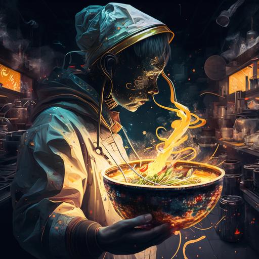 future tech kintsugi android chef flipping vegetables in a wok. flame. energy. intricate details. tokyo in the year 2085.