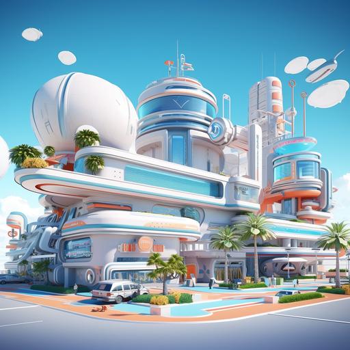 futuristic, 3D town, cartoon like, contains gym, office, supermarket, airport, cafe, nightclub, 90 degree angle, retro style, tropical