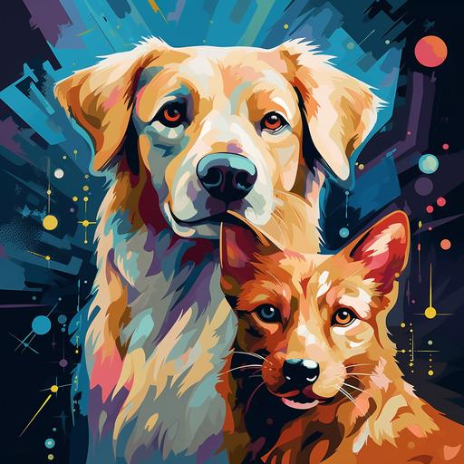 futuristic abstract pop art, Golden retriever and Siamese cat are best friends dark colors