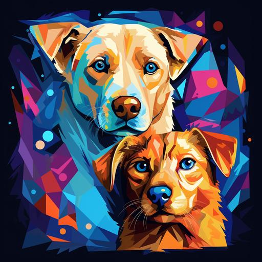 futuristic abstract pop art, Golden retriever and Siamese cat are best friends dark colors