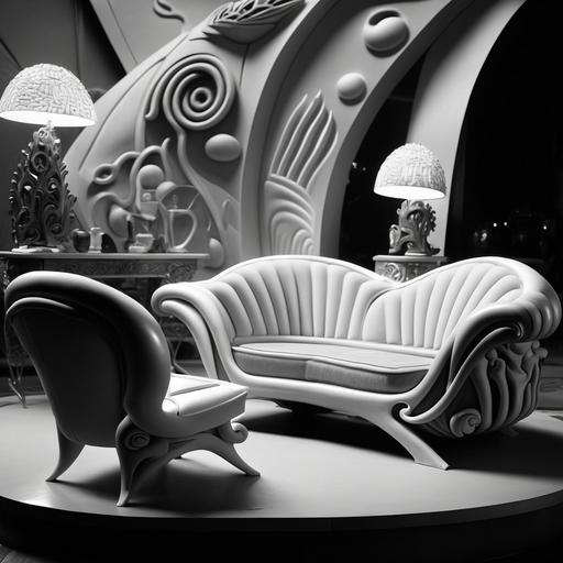 futuristic baroque furniture in a 60’s sci fi movie set design, photo from an ed wood movie