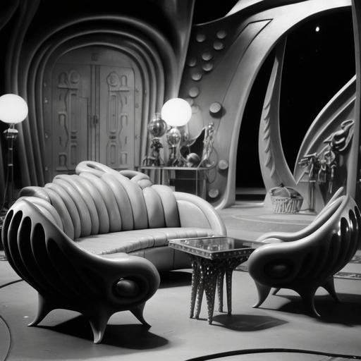 futuristic baroque furniture in a 60’s sci fi movie set design, photo from an ed wood movie