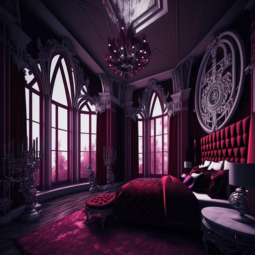 futuristic bedroom, moulin rouge inspired, red velvet furniture, big bed, deep purple and silver colour, floor to ceiling window, cinematic lighting, candles, big room
