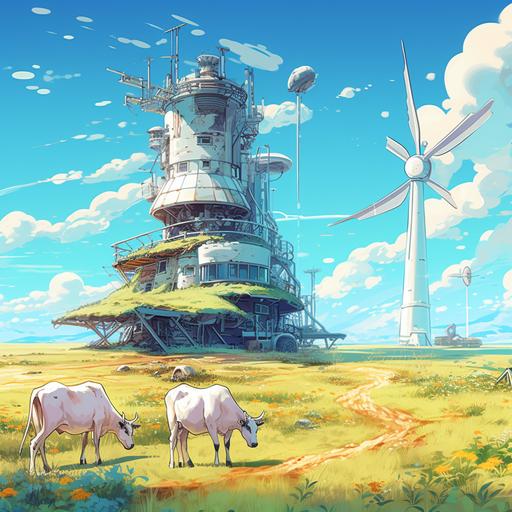 futuristic building with windmill surrounded by alien grass, a cow made of grass grazed nearby, anime style, soft pastel colors, done in inks