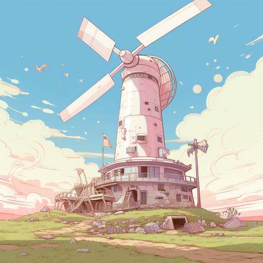 futuristic building with windmill surrounded by alien grass, a cow made of grass grazed nearby, anime style, soft pastel colors, done in inks