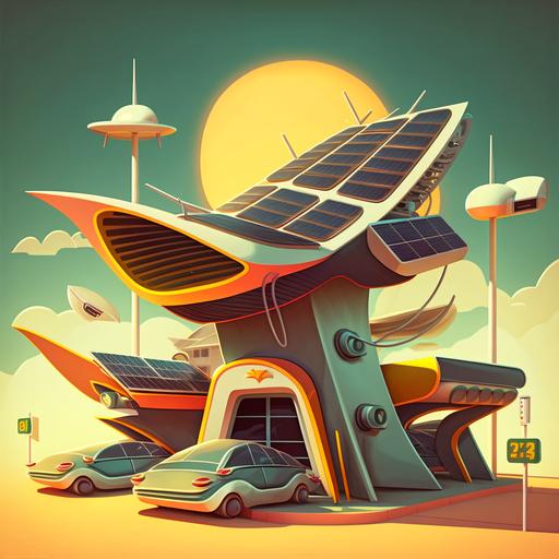 futuristic buildings with solar panels electic vehicles and a battery cartoon style