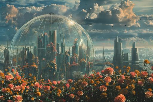 futuristic city skyline surrounded by a giant glass dome, flowers creeping up the glass, guillermo del toro style, magical realism --ar 3:2