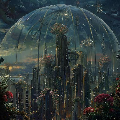 futuristic city skyline surrounded by a giant glass dome, flowers creeping up the glass, guillermo del toro style, magical realism