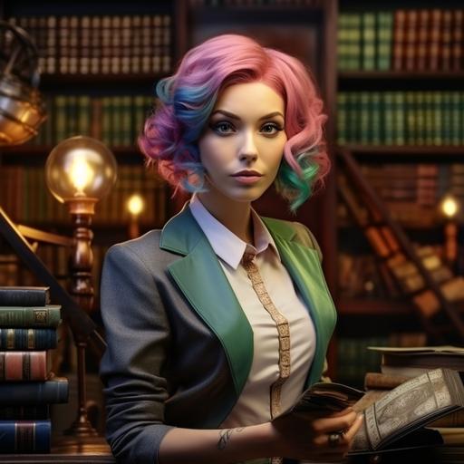 futuristic cool female lawyer with colored hair in a library with antique books in shelves