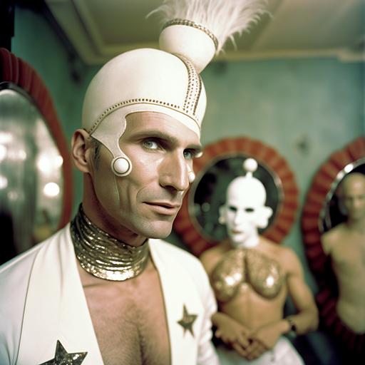 futuristic dressed showman has a white snake rolled on his neck in a vintage makeup room in Morocco, vintage makeup room has mirrors and objects, futuristic headgear, smiling, closeup, 1x1 , photographed on grainy medium format Kodak Portra 800 film SMC Takumar 105mm f/2.8 c 50