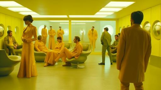 futuristic film scene of very skinny people in bright yellow futuristic suits standing in a futuristic yellow room with futuristic yellow furniture --ar 16:9 --s 750 --v 5