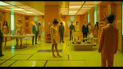 futuristic film scene of very skinny people in bright yellow futuristic suits standing in a futuristic yellow room with futuristic yellow furniture --ar 16:9 --s 750 --v 5