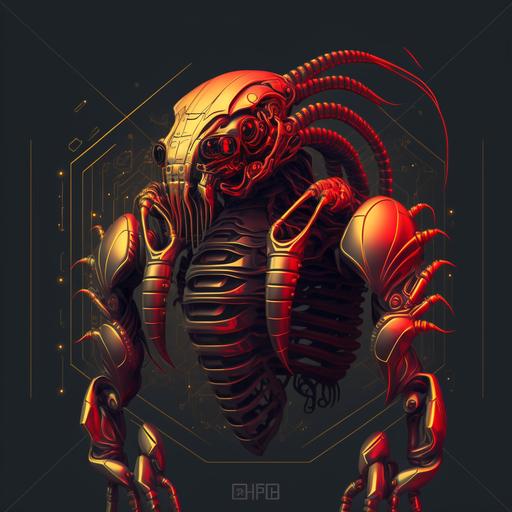 futuristic golden red scorpion in a cyberpunk background