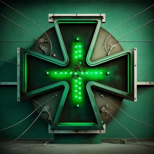 futuristic hospital sign, with prominent green cross