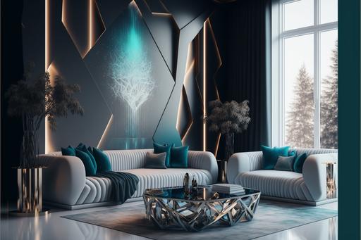 futuristic interior architecture with holographic foil wallpaper, minimalist design, luxury living room, lumion render --ar 3:2 --v 4 --q 2