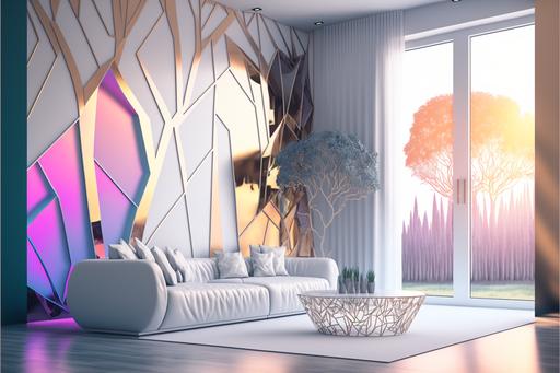 futuristic interior architecture with holographic foil wallpaper, minimalist design, luxury living room, lumion render --ar 3:2 --v 4 --q 2