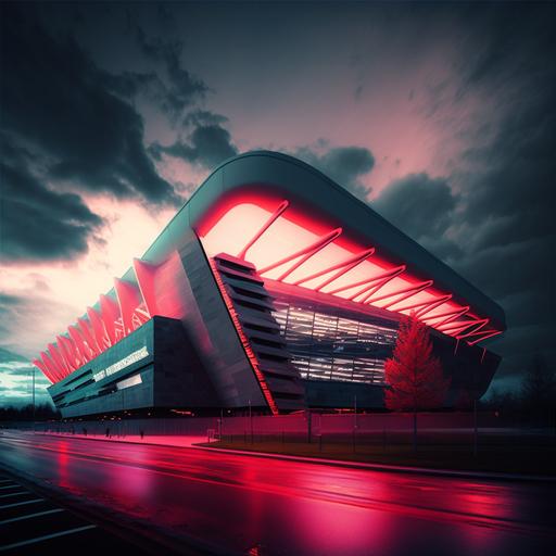 futuristic new manchester united stadium, from the outside, exterior, futuristic, neon and red colour scheme ar 16:9