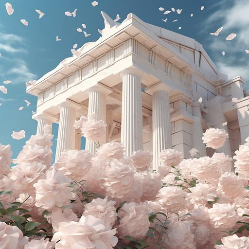 futuristic photo of Acropolis building, soft day light, clean background, center the composition, in the style of vibrant futurism, gigantic blush roses coming out of the Acropolis and white flowers wrapping the walls of Acropolis, floral enviroment, beautiful aesthetic design, ultra realistic, photo realistic image, High Detail, 8K