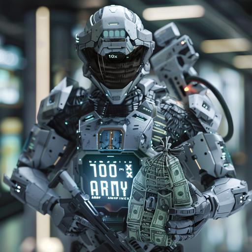 futuristic soldier in futuristic hightech armor suit holding a bag of cash in both hands and a holographic display that says 