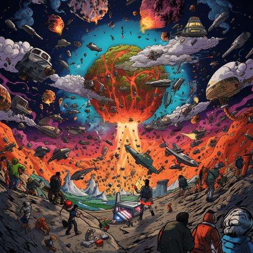 futuristic visual of world war 3, cartoon design like bojack horseman style, crushing planes, atomic bomb, chaos everywhere on Earth, people from different cultures are fighting to each other, and the creator of all of us (God) is watching from the sky above to our planet