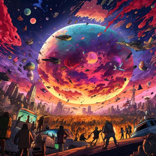 futuristic visual of world war 3, cartoon design like bojack horseman style, crushing planes, atomic bomb, chaos everywhere on Earth, people from different cultures are fighting to each other, and the creator of all of us (God) is watching from the sky above to our planet